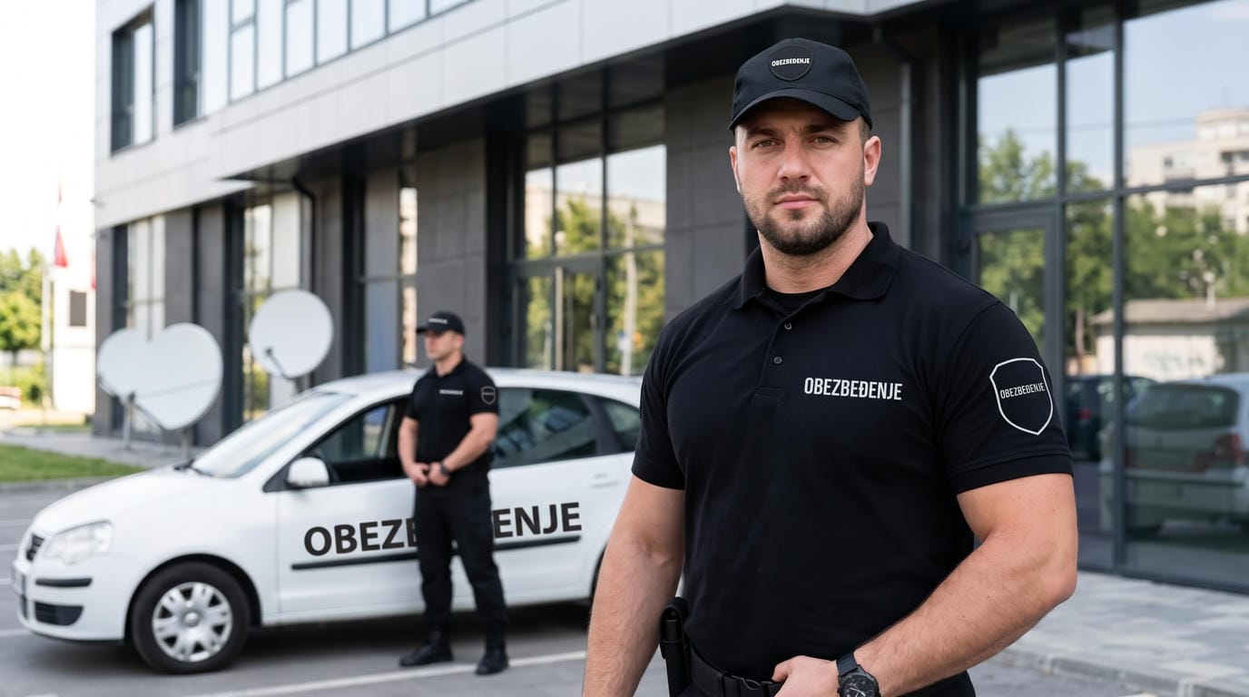 Službenici obezbeđenja i vozilo sa oznakom Obezbeđenje ispred poslovnog objekta