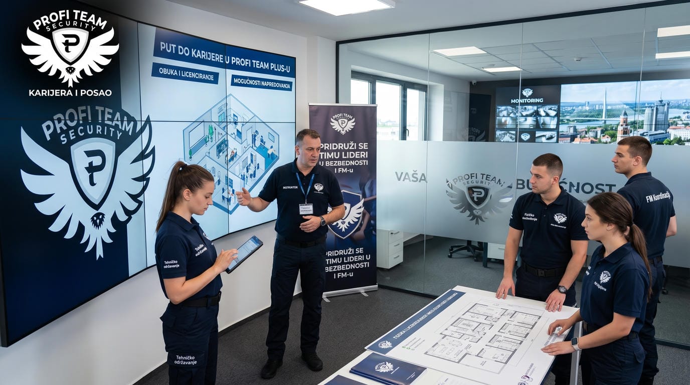 profi-team-karijera Instruktor objašnjava plan objekta timu službenika obezbeđenja i održavanja tokom obuke