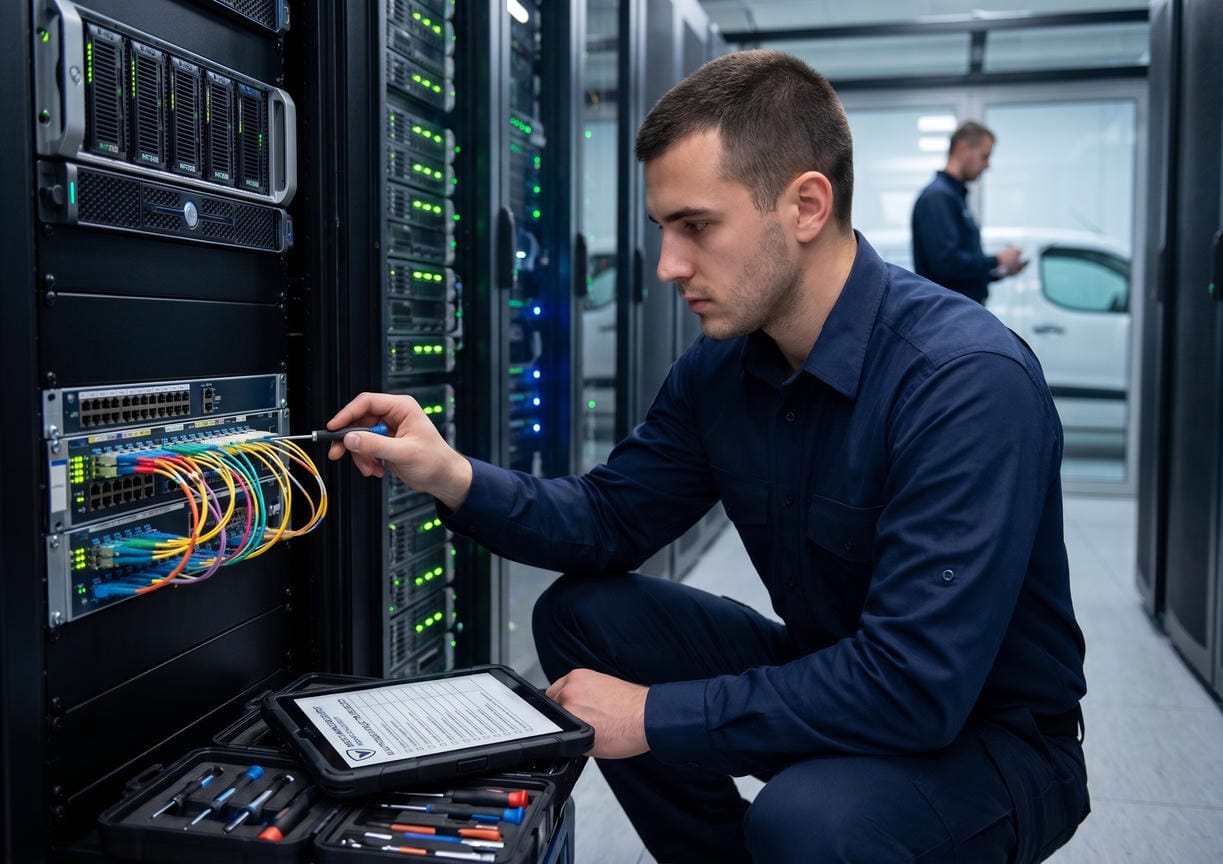 Tehničar održavanja pregleda mrežnu opremu u serverskoj sali, uz kontrolnu listu na tabletu